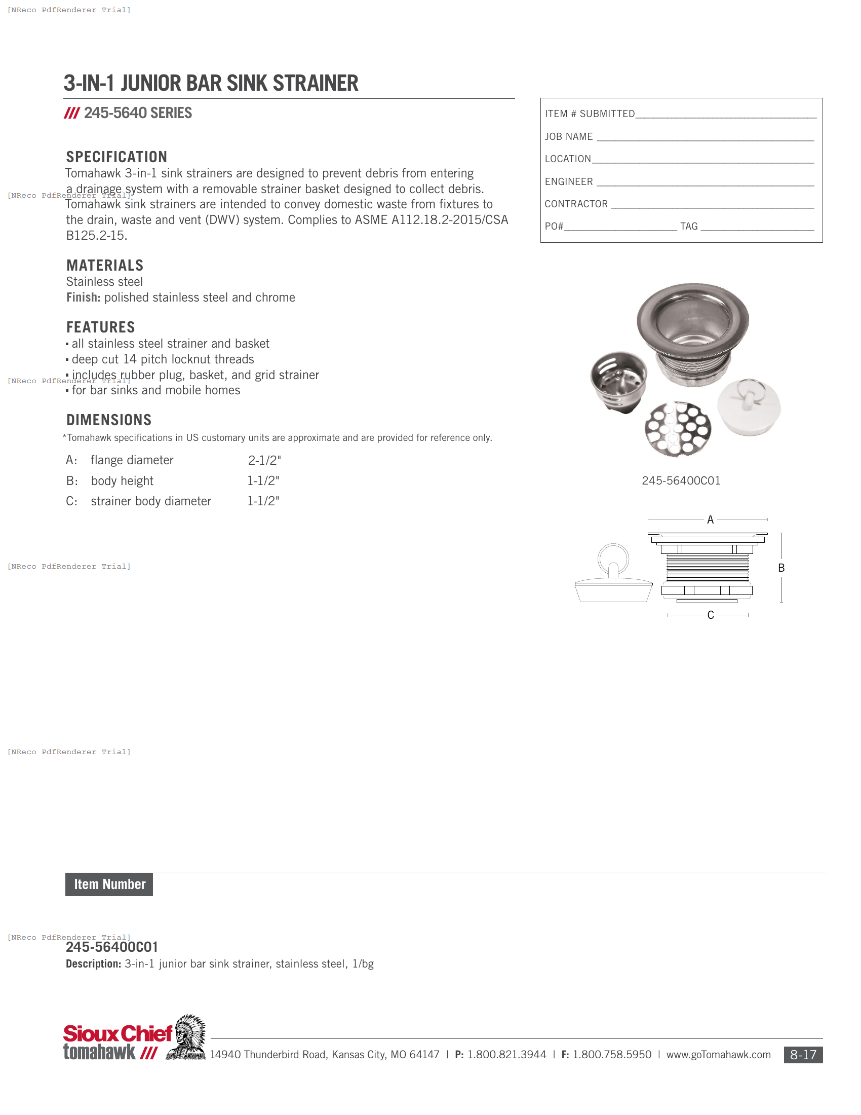 245-56400C01 - 3-IN-1 SINK STRAINER - SPEC SHEET.PDF Specification Document